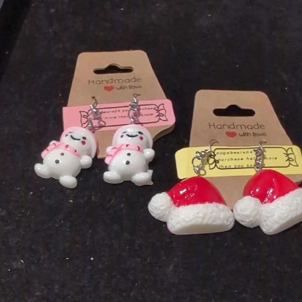 Handmade Snowman and Santa Hat Earrings Set